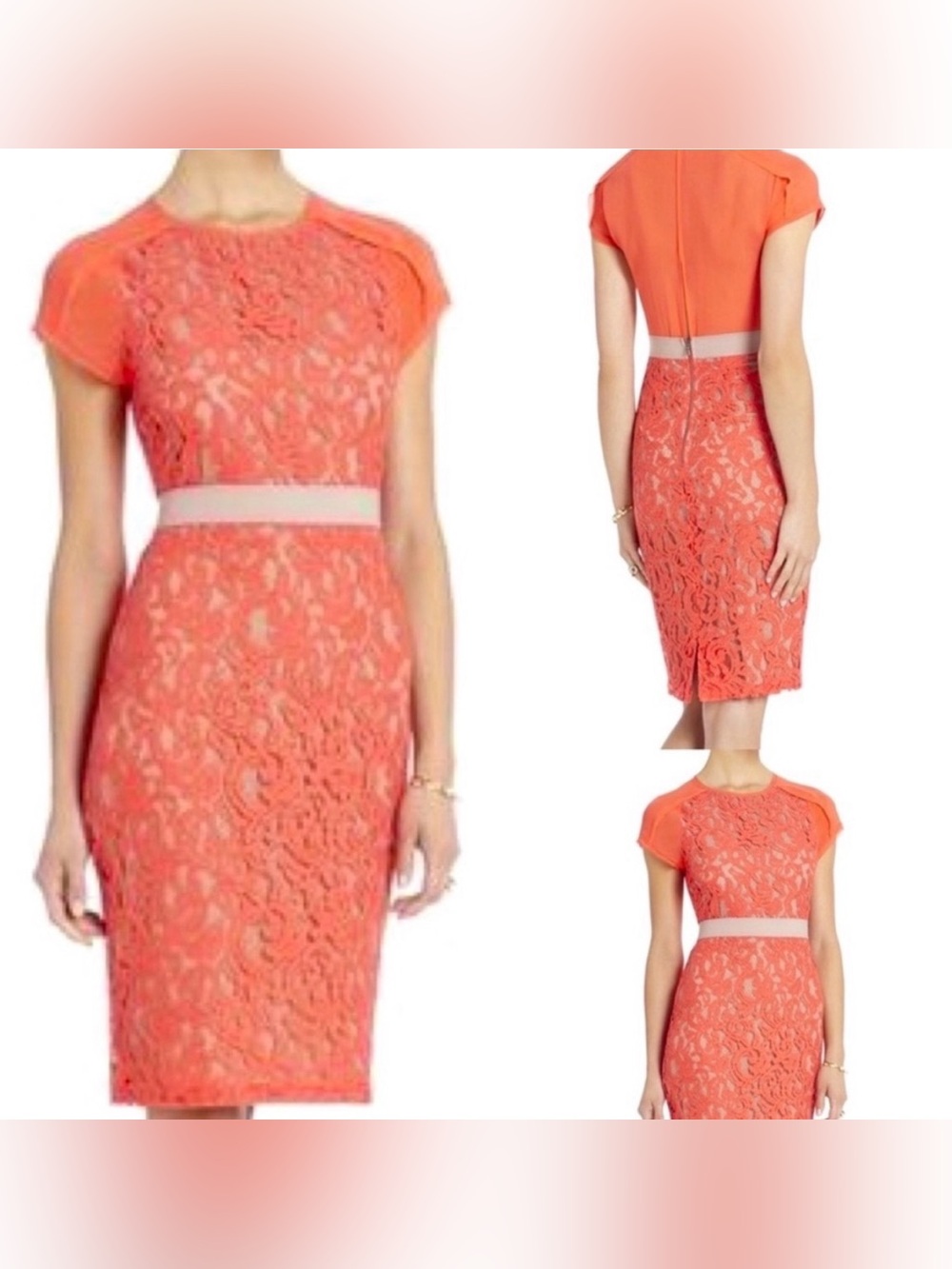 BCBGMAXAZRIA Chara Coral Lace Sheath Cocktail Feminine Dress Silk Trim Size 6